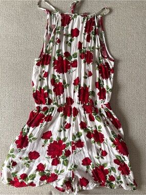 Divided White Romper with Red Rose Print